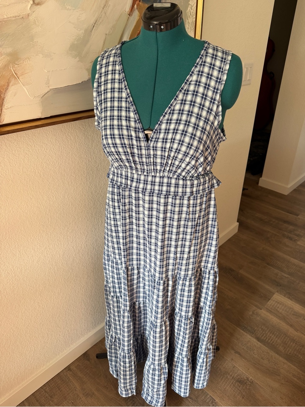 Max Studio Navy and White Plaid V-Neck Tiered Midi Dress